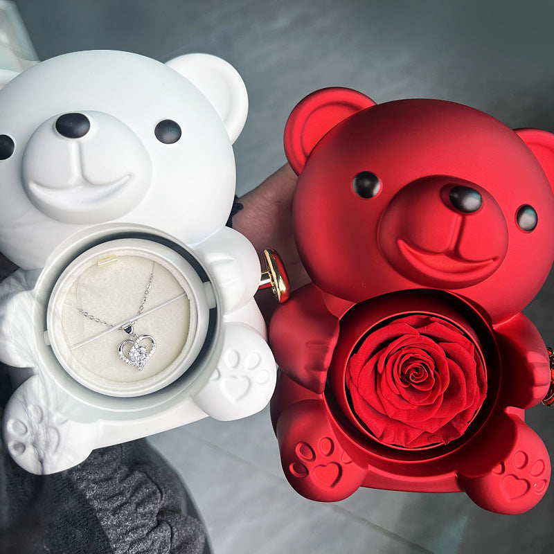Rotating Bear Gift Box Eternal Rose Teddy Bear Jewelry Box With Necklace Valentine Wedding Special Present For Girlfriend Anniversary Gift Jewelry Box