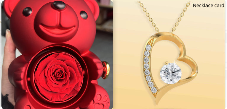 Rotating Bear Gift Box Eternal Rose Teddy Bear Jewelry Box With Necklace Valentine Wedding Special Present For Girlfriend Anniversary Gift Jewelry Box