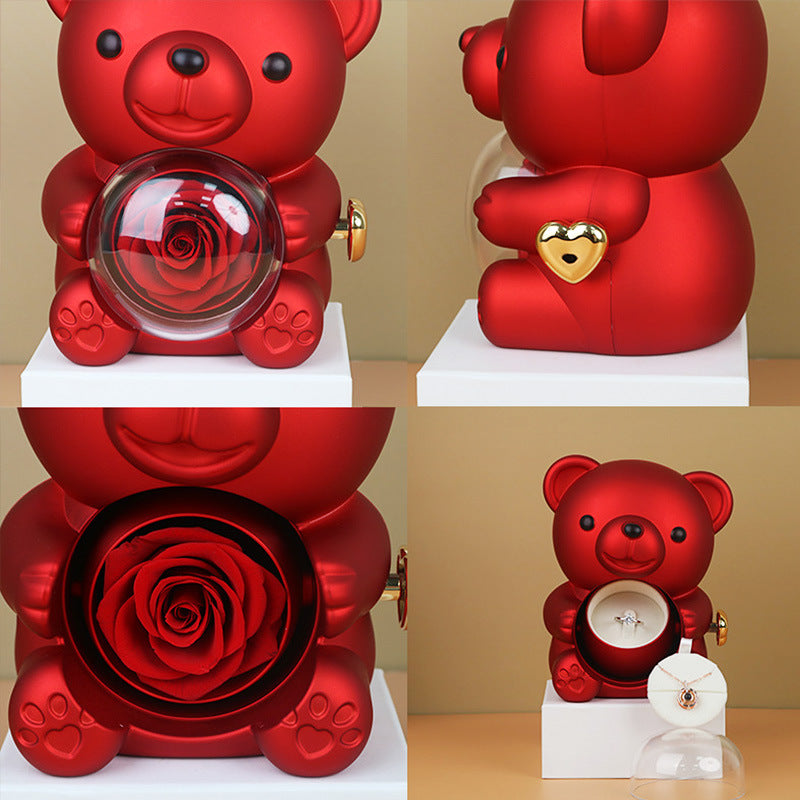 Rotating Bear Gift Box Eternal Rose Teddy Bear Jewelry Box With Necklace Valentine Wedding Special Present For Girlfriend Anniversary Gift Jewelry Box