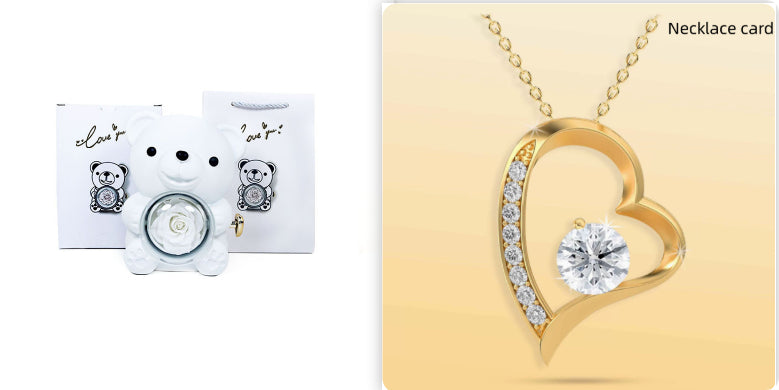 Rotating Bear Gift Box Eternal Rose Teddy Bear Jewelry Box With Necklace Valentine Wedding Special Present For Girlfriend Anniversary Gift Jewelry Box